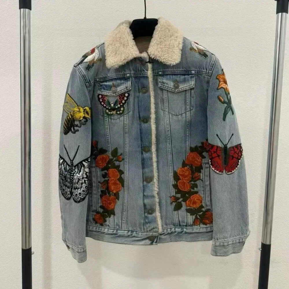 NWT Authentic Gucci Gucci Shearling-Lined Embroidered Denim Jacket